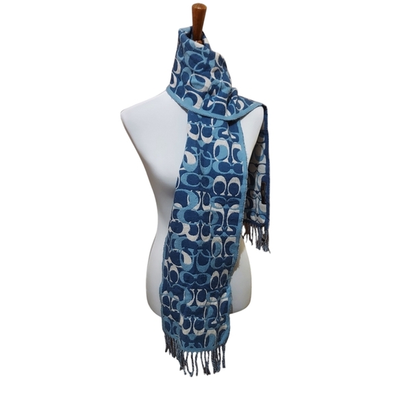 Coach Blues Monogram 100% Merino Wool Oversized‎ Scarf Muffler with fringe - Picture 12 of 15